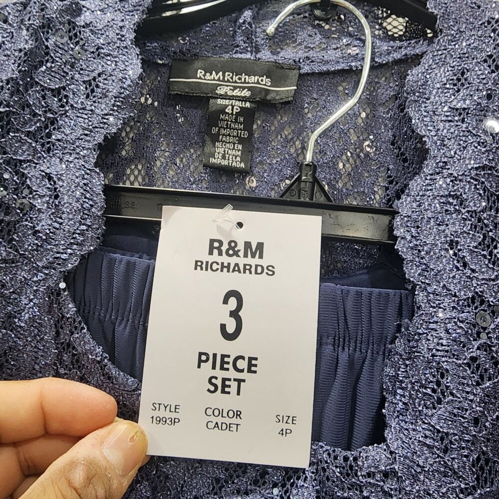 R&M Richards 3 Piece Set Lace Jacket Tank & Pants Size 4P Cadet Blue Womens Eleg - Picture 5 of 5